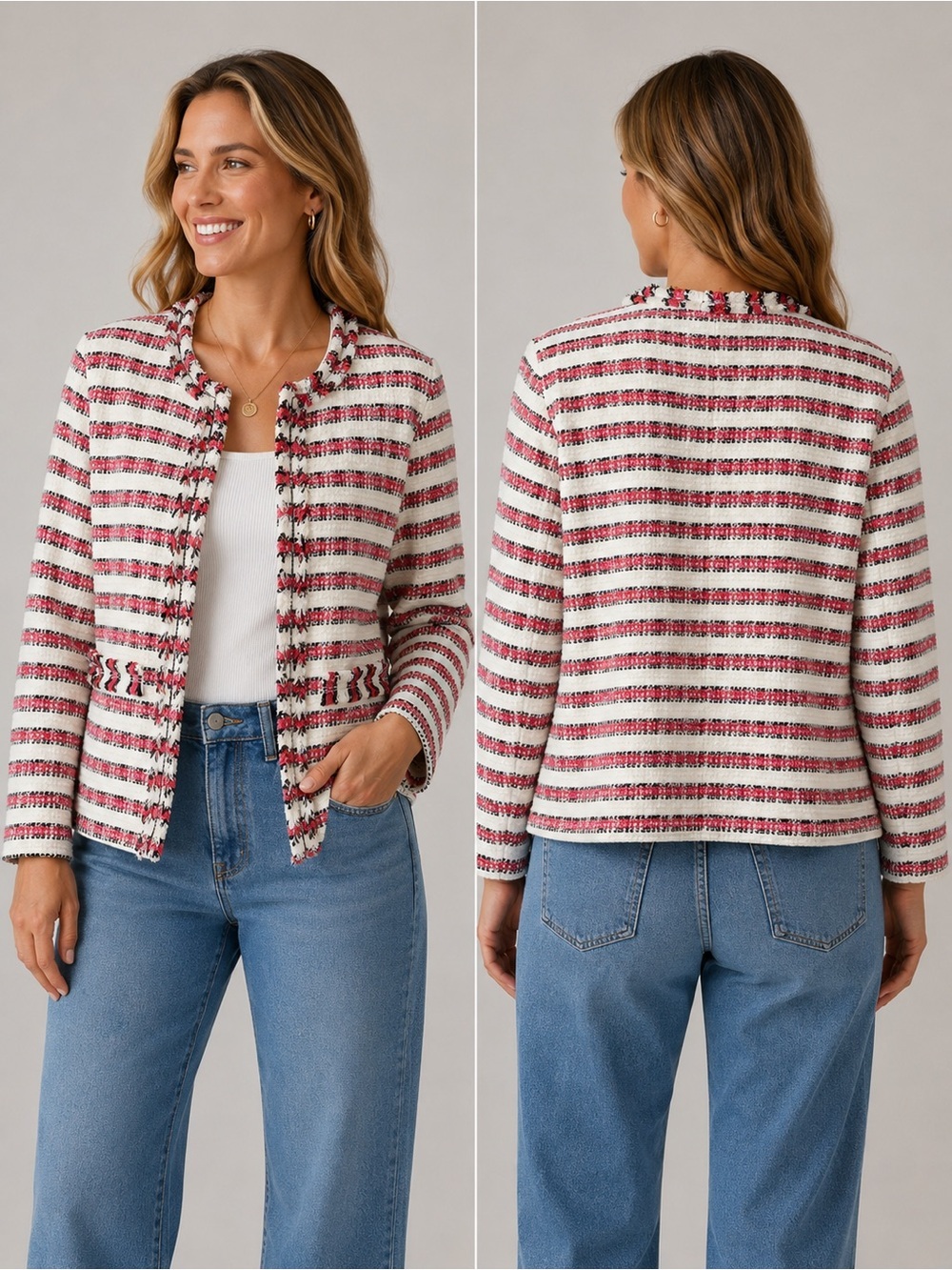 Talbots Petites Striped Fringe Tweed Jacket Size 14P